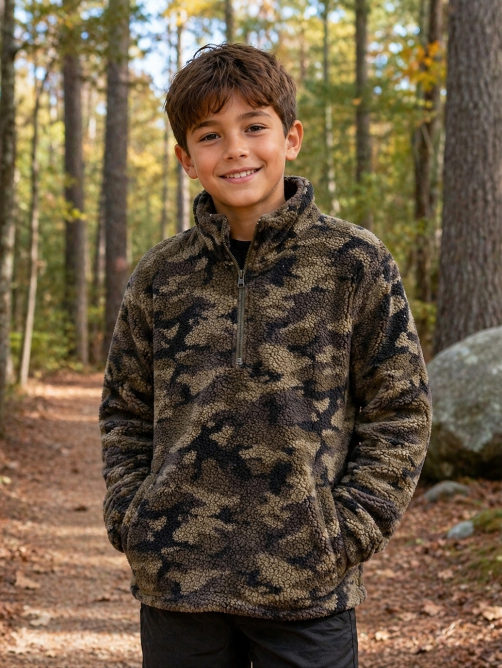 Camo Fleece Half-Zip Pullover - Olive & Black, Size S, Boys/Girls, Fits 8-14 y.o